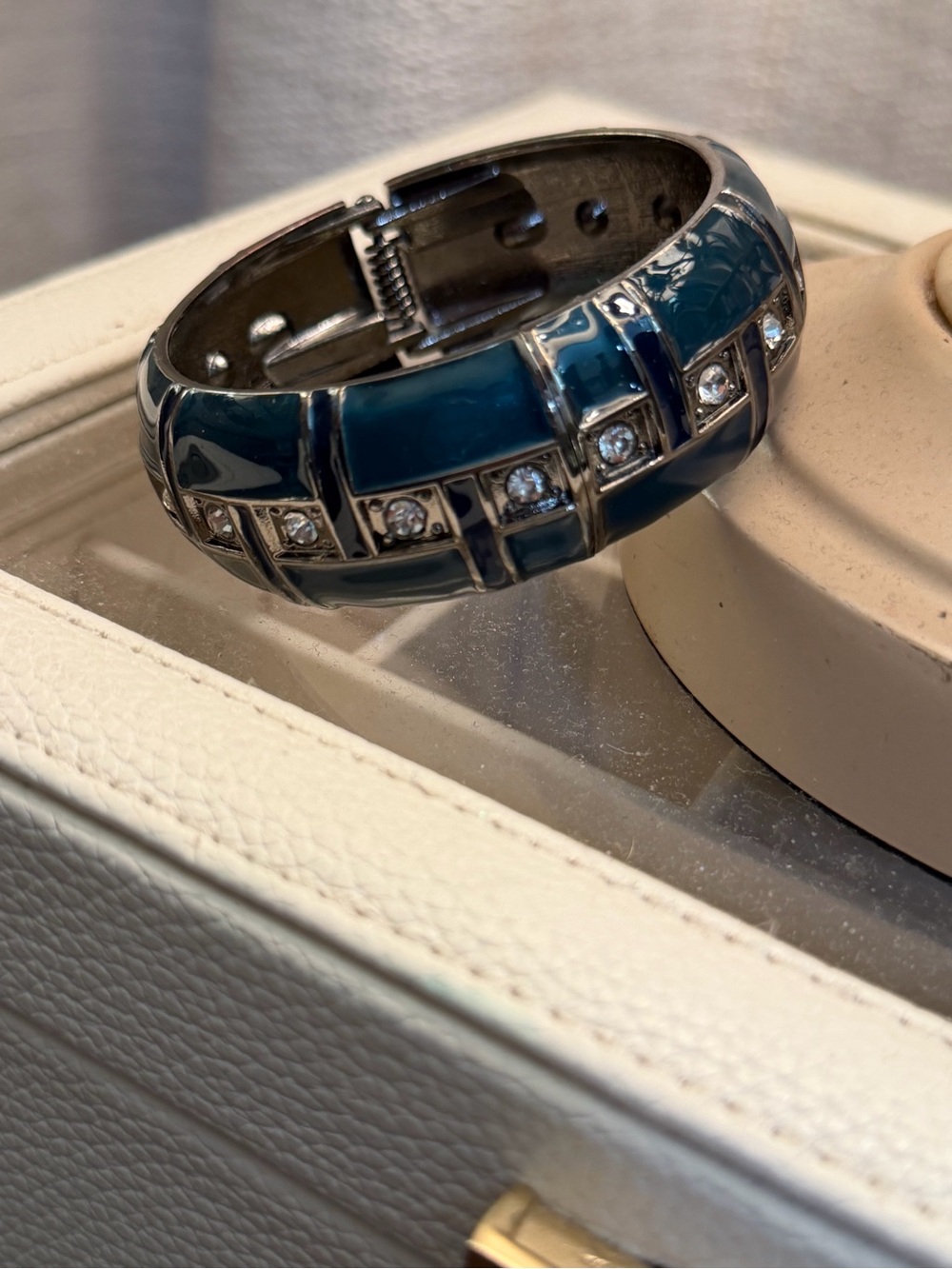 Dark Teal Enamel Hinged Bracelet with Crystal Accents